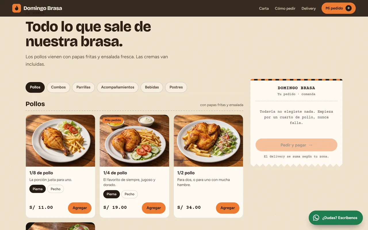Carta de Domingo Brasa con fotos, precios y el ticket del pedido