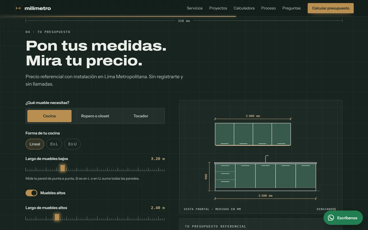 Calculadora de presupuesto de Milímetro, con el dibujo de la cocina según las medidas