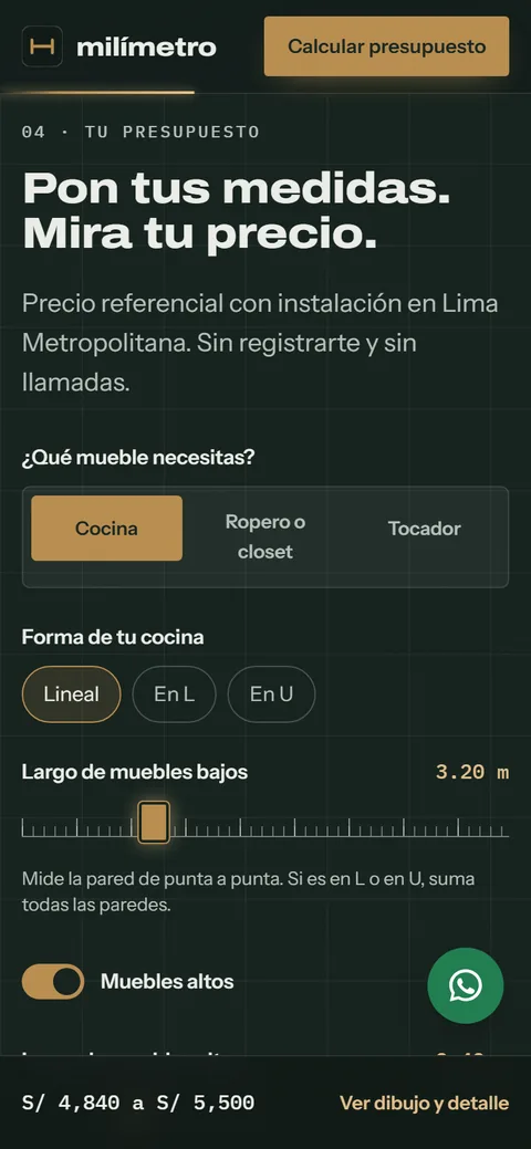 Web del taller Milímetro en celular, con la calculadora de presupuesto